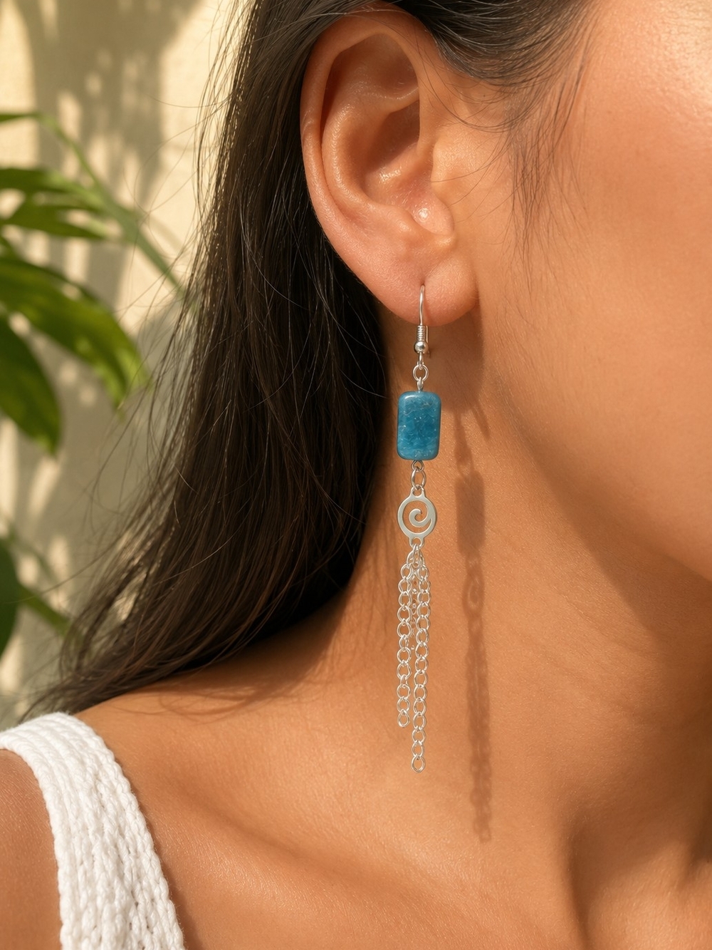 Handmade Blue Stone & Silver Tassel Drop Earrings